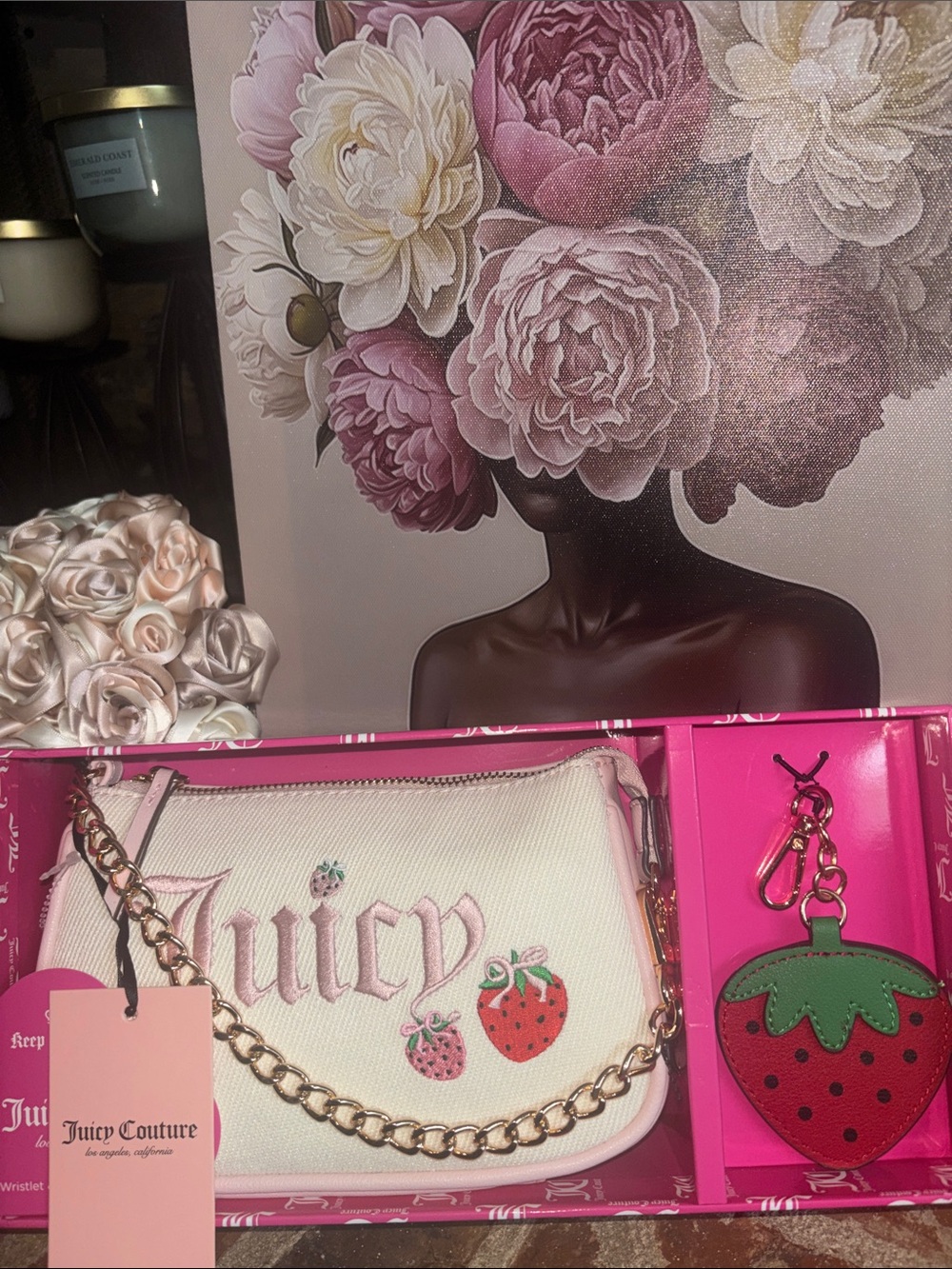 Juicy Couture Cream & Pink Strawberry Wristlet with Gold Chain